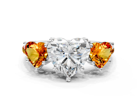 White gold Three-Stone Heart Cut Diamond Ring with Round with Citrine side stone Pavé Band and Prong Setting