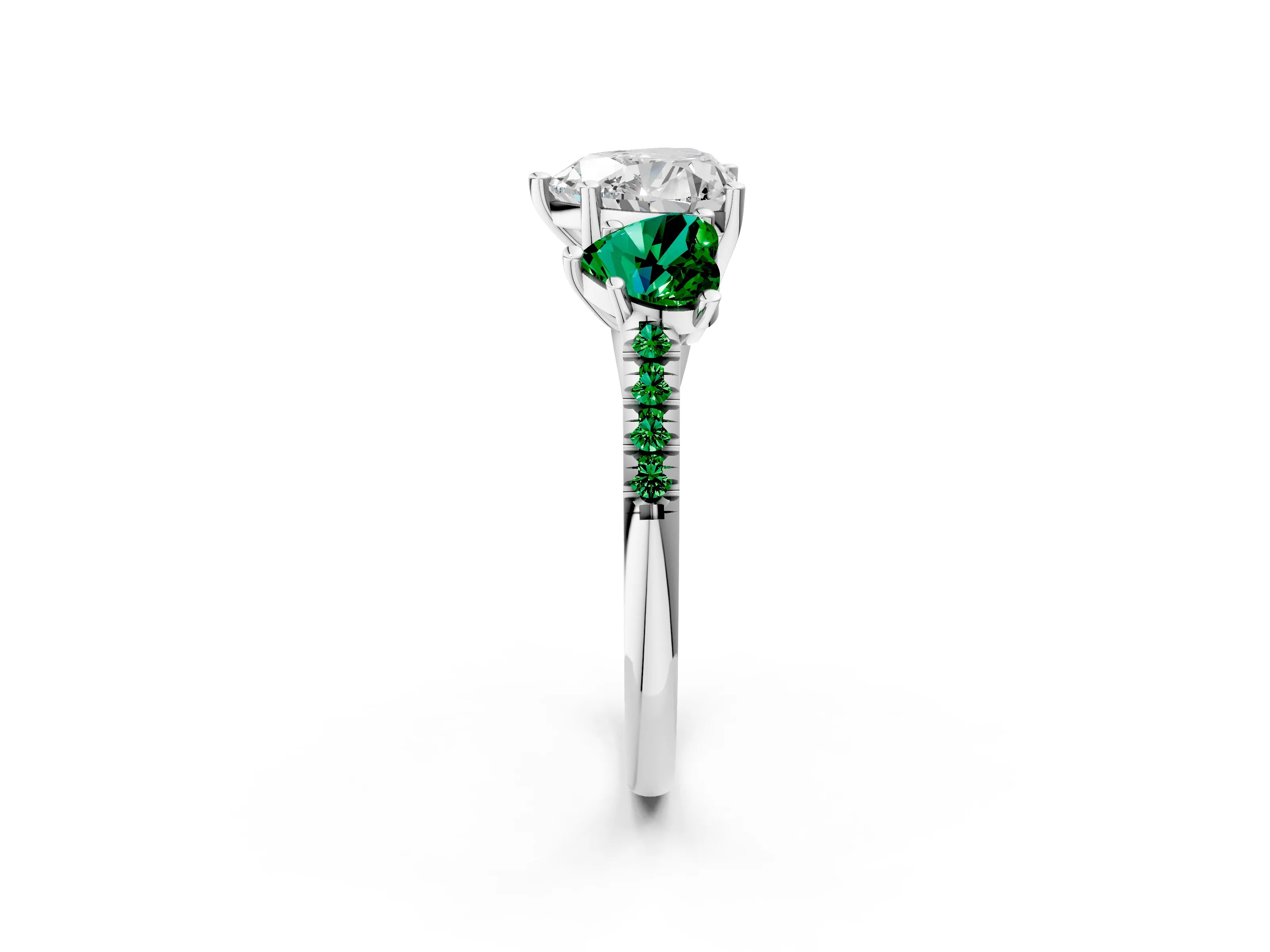 White gold Three-Stone Heart Cut Diamond Ring with Round with Emerald side stone Pavé Band and Prong Setting_2