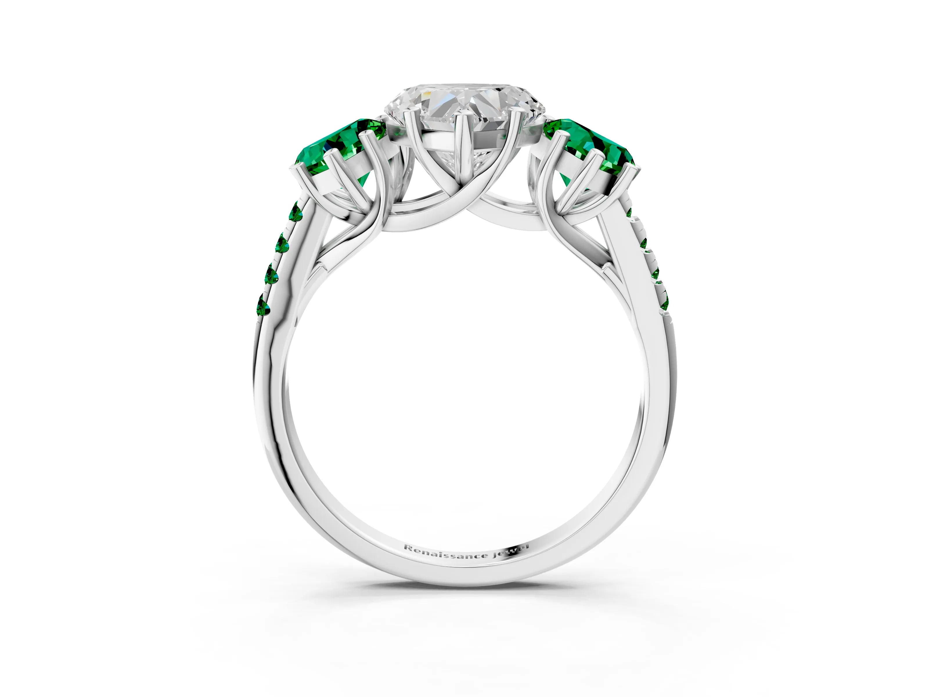 White gold Three-Stone Heart Cut Diamond Ring with Round with Emerald side stone Pavé Band and Prong Setting_3