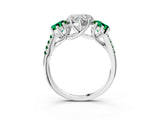 White gold Three-Stone Heart Cut Diamond Ring with Round with Emerald side stone Pavé Band and Prong Setting_3