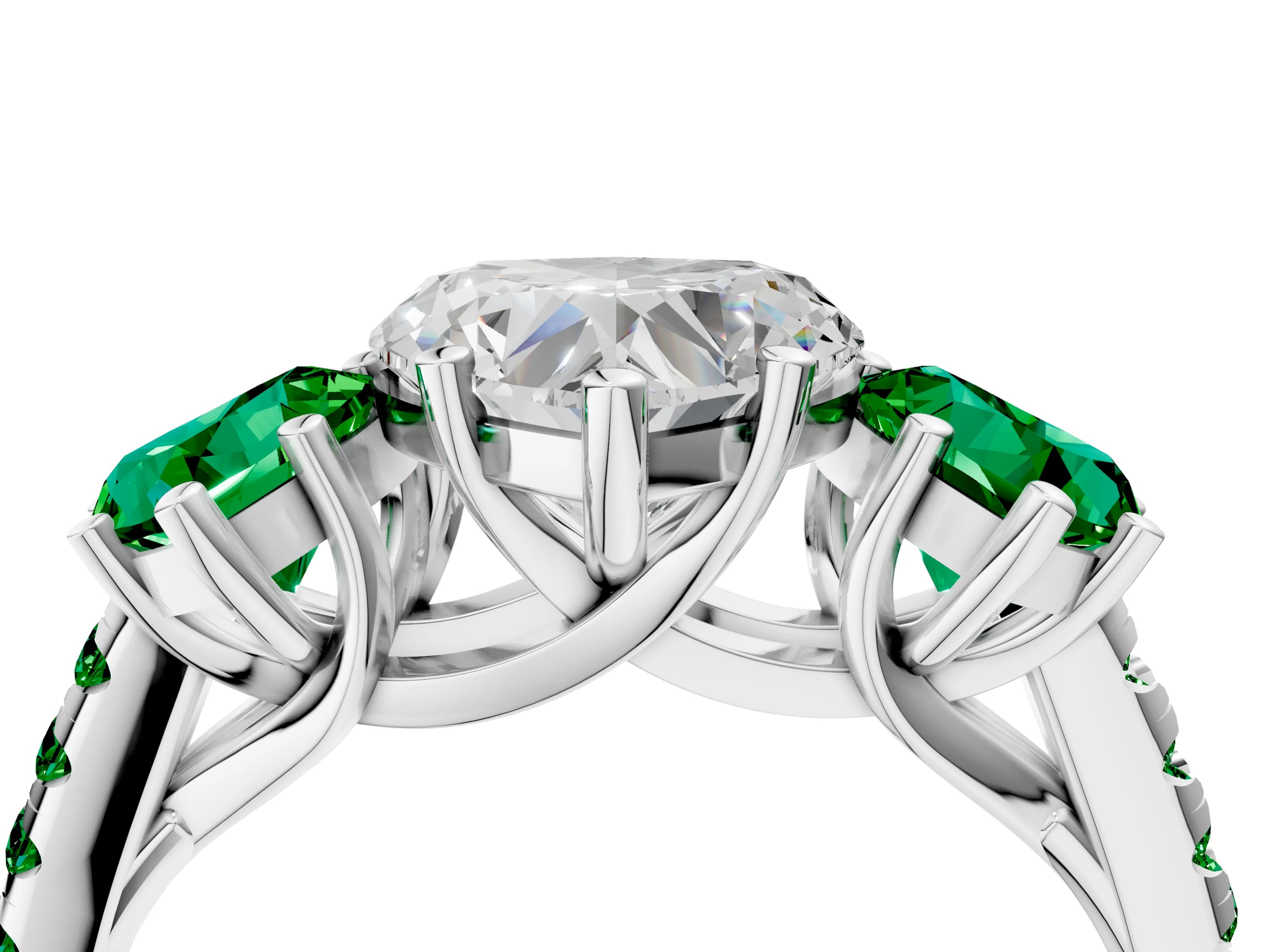 White gold Three-Stone Heart Cut Diamond Ring with Round with Emerald side stone Pavé Band and Prong Setting_4