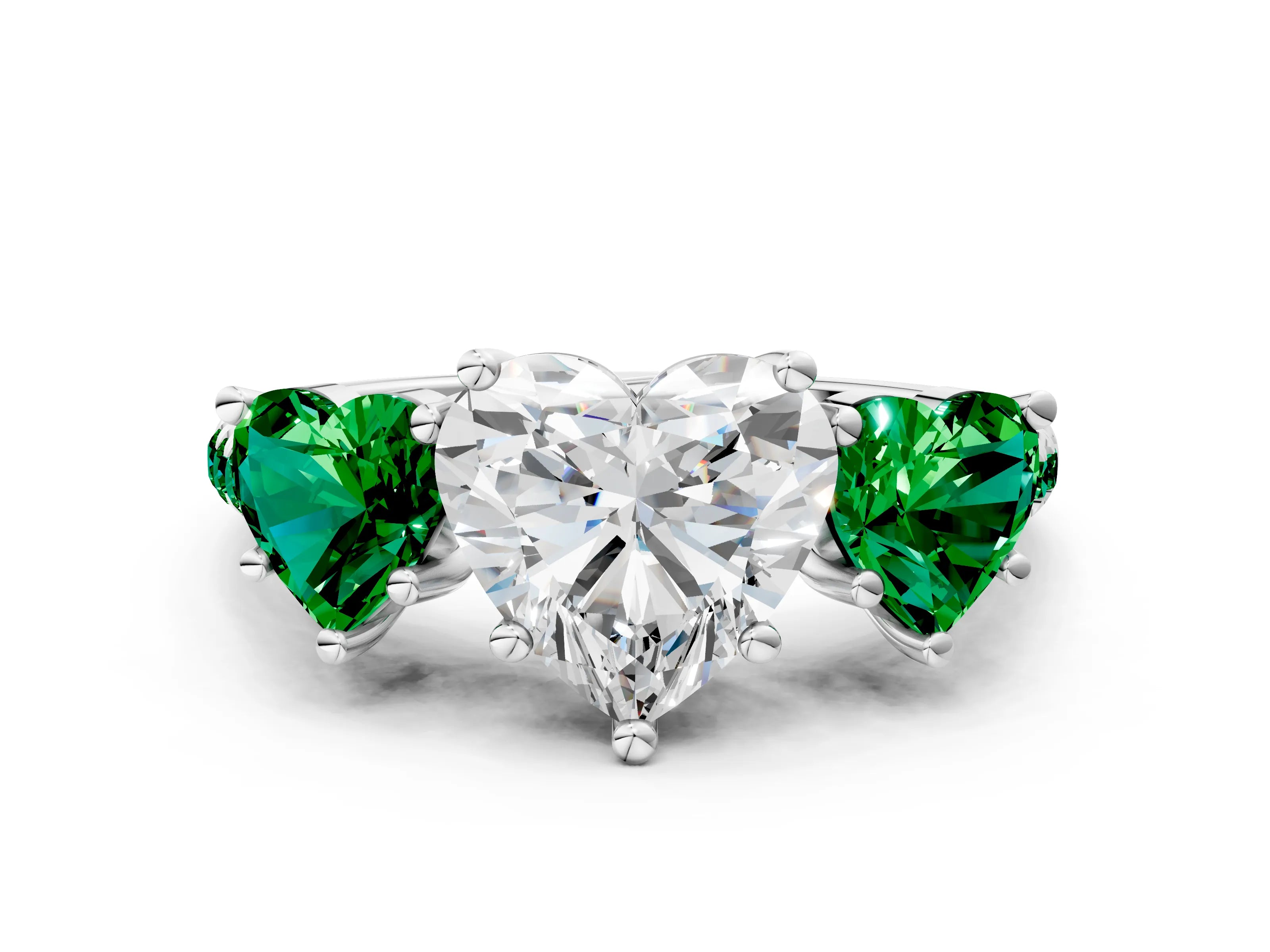 White gold Three-Stone Heart Cut Diamond Ring with Round with Emerald side stone Pavé Band and Prong Setting