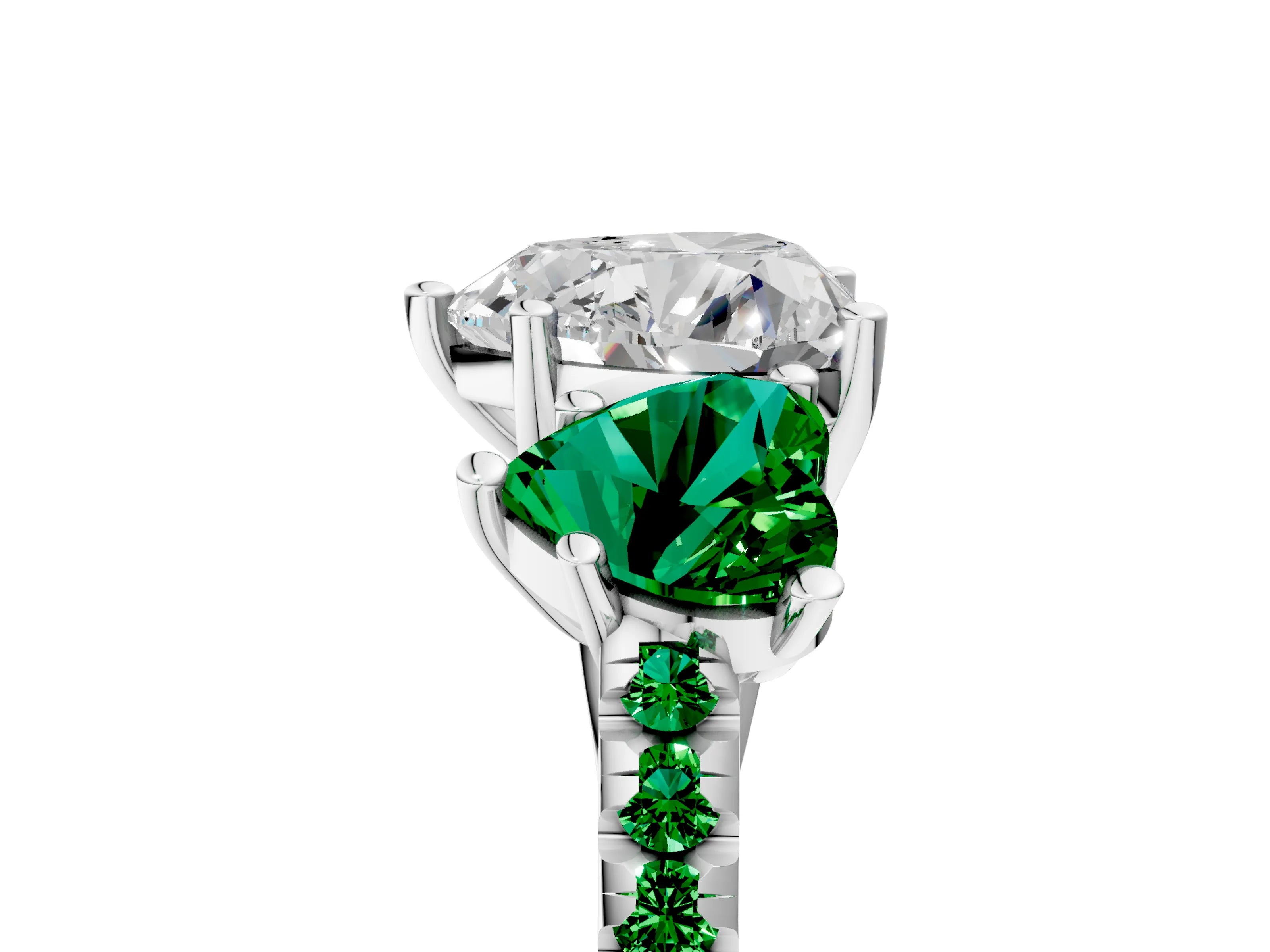 White gold Three-Stone Heart Cut Diamond Ring with Round with Emerald side stone Pavé Band and Prong Setting_5