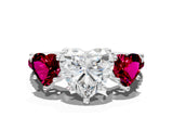 White gold Three-Stone Heart Cut Diamond Ring with Round with Garnet side stone Pavé Band and Prong Setting