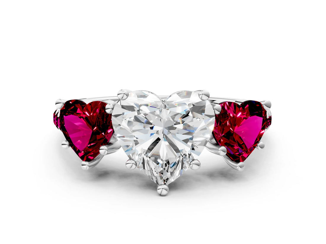 White gold Three-Stone Heart Cut Diamond Ring with Round with Garnet side stone Pavé Band and Prong Setting_12