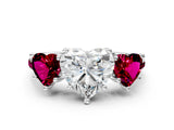 White gold Three-Stone Heart Cut Diamond Ring with Round with Garnet side stone Pavé Band and Prong Setting_12