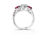 White gold Three-Stone Heart Cut Diamond Ring with Round with Garnet side stone Pavé Band and Prong Setting_15