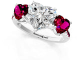 White gold Three-Stone Heart Cut Diamond Ring with Round with Garnet side stone Pavé Band and Prong Setting_1