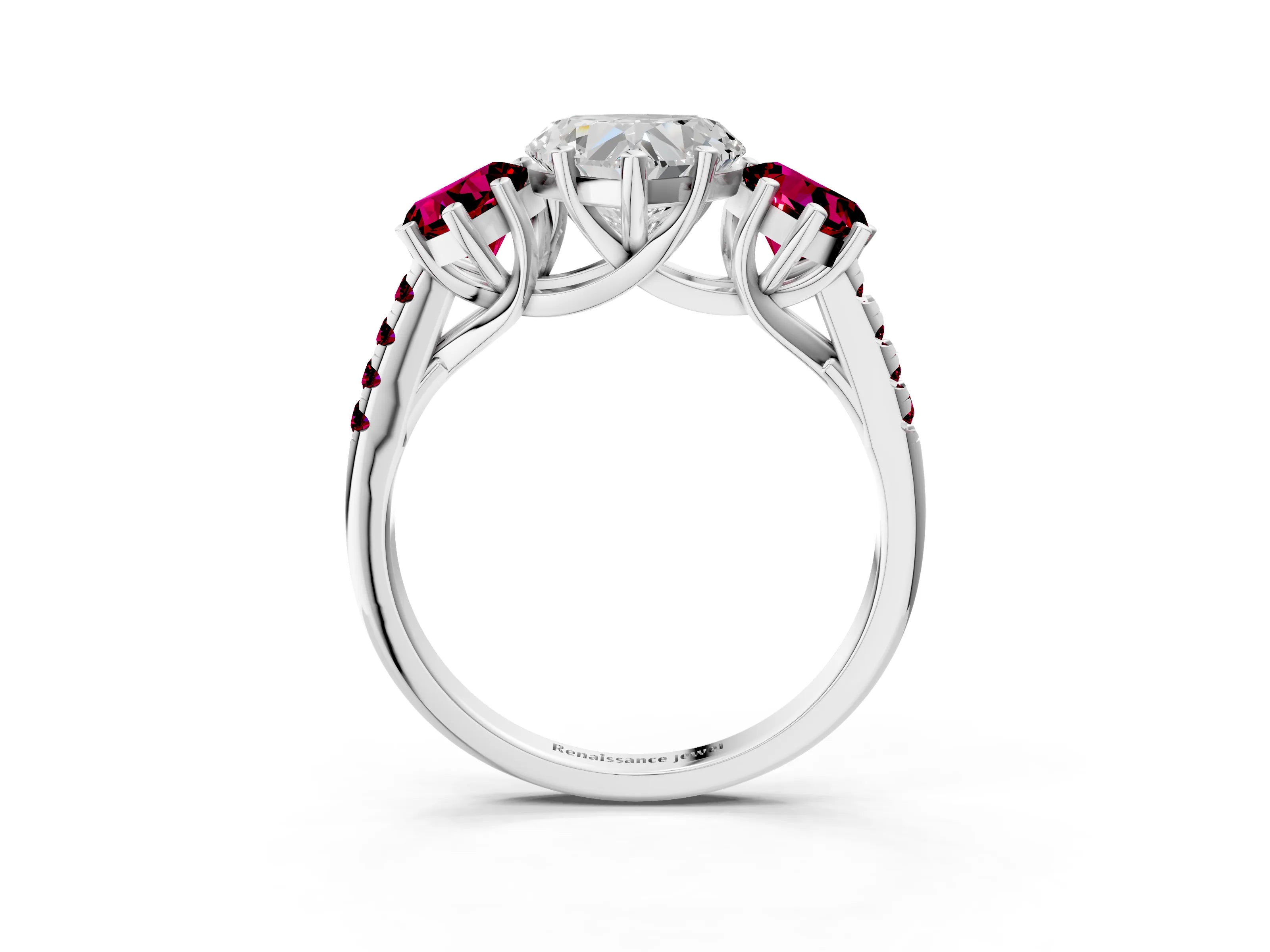 White gold Three-Stone Heart Cut Diamond Ring with Round with Garnet side stone Pavé Band and Prong Setting_3