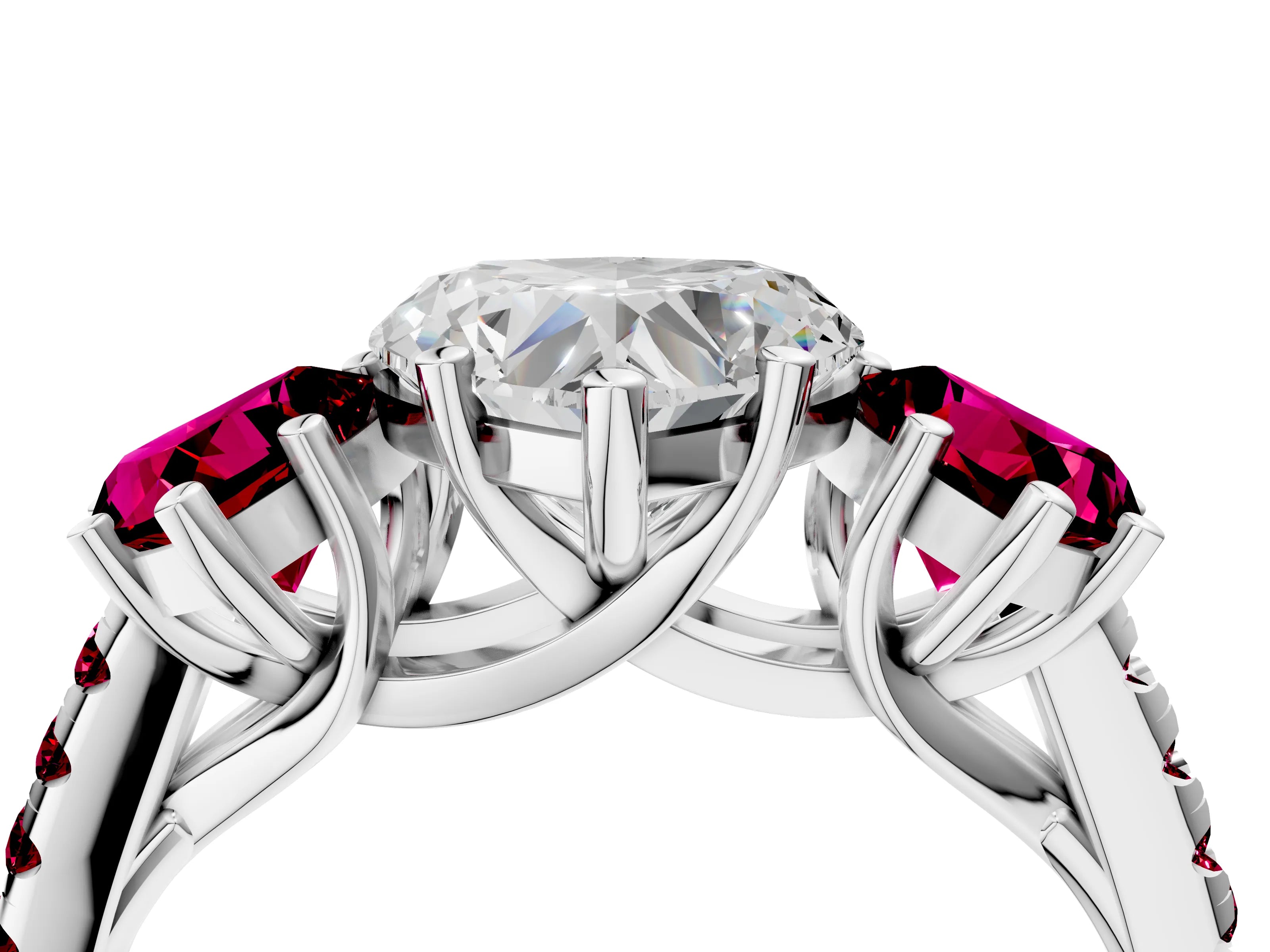 White gold Three-Stone Heart Cut Diamond Ring with Round with Garnet side stone Pavé Band and Prong Setting_4