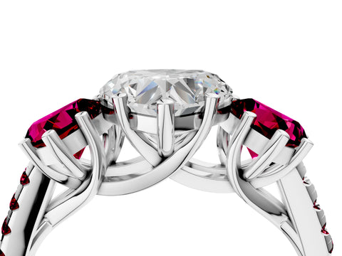 White gold Three-Stone Heart Cut Diamond Ring with Round with Garnet side stone Pavé Band and Prong Setting_4