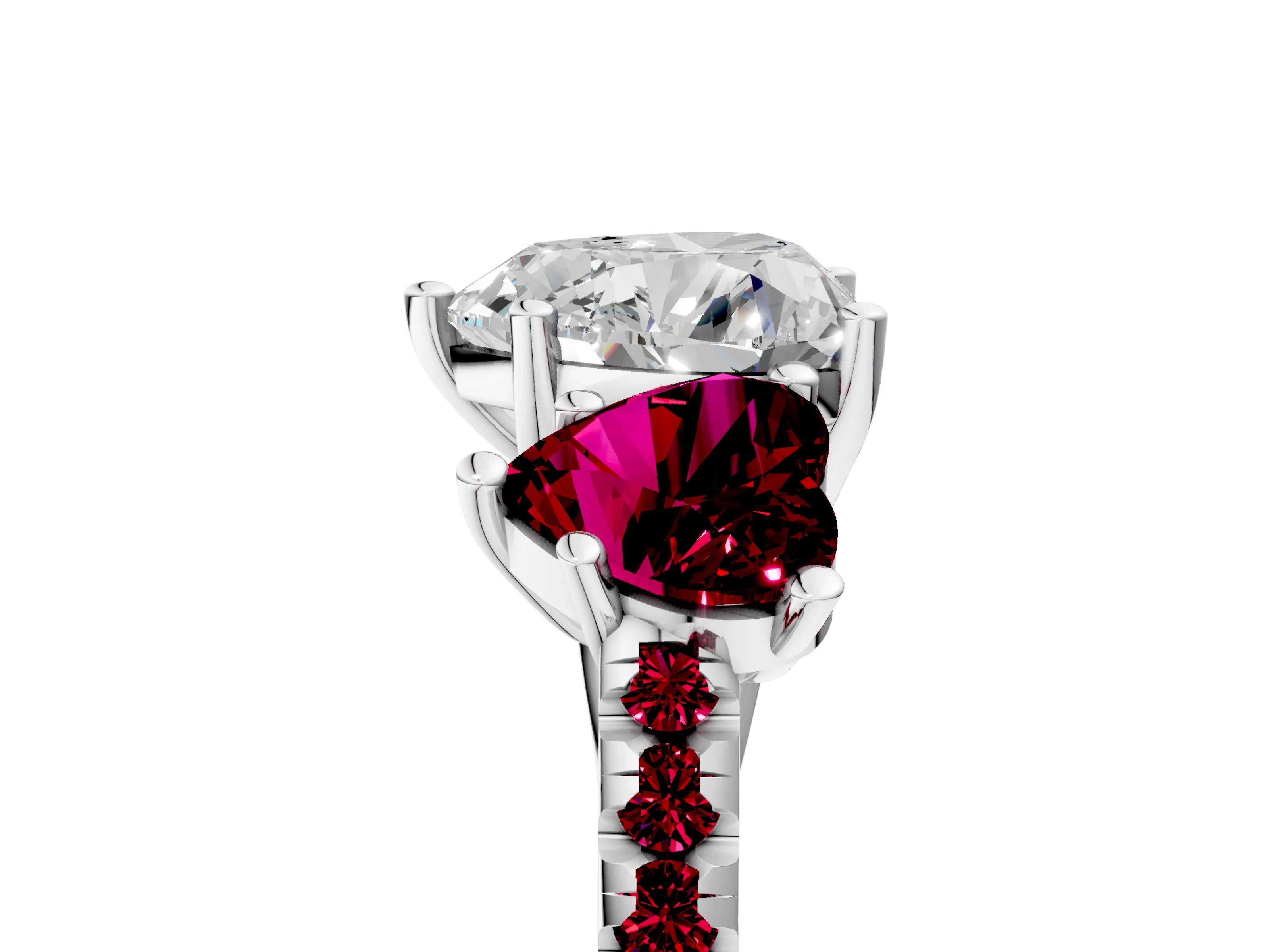 White gold Three-Stone Heart Cut Diamond Ring with Round with Garnet side stone Pavé Band and Prong Setting_5