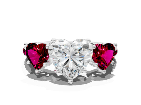 White gold Three-Stone Heart Cut Diamond Ring with Round with Garnet side stone Pavé Band and Prong Setting