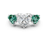 White gold Three-Stone Heart Cut Diamond Ring with Round with Green Sapphire side stone Pavé Band and Prong Setting_12