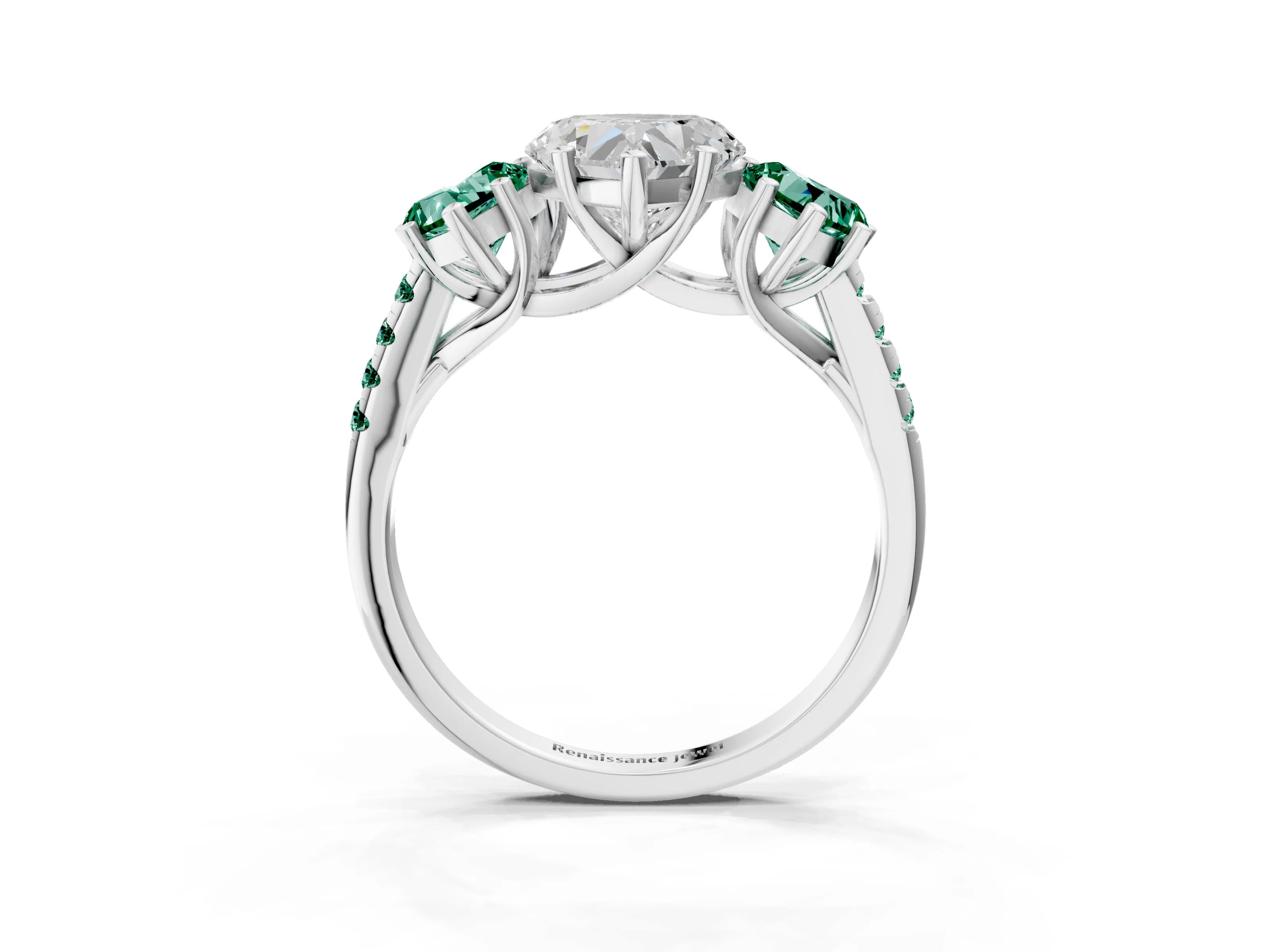 White gold Three-Stone Heart Cut Diamond Ring with Round with Green Sapphire side stone Pavé Band and Prong Setting_3
