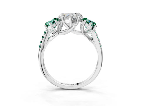 White gold Three-Stone Heart Cut Diamond Ring with Round with Green Sapphire side stone Pavé Band and Prong Setting_3