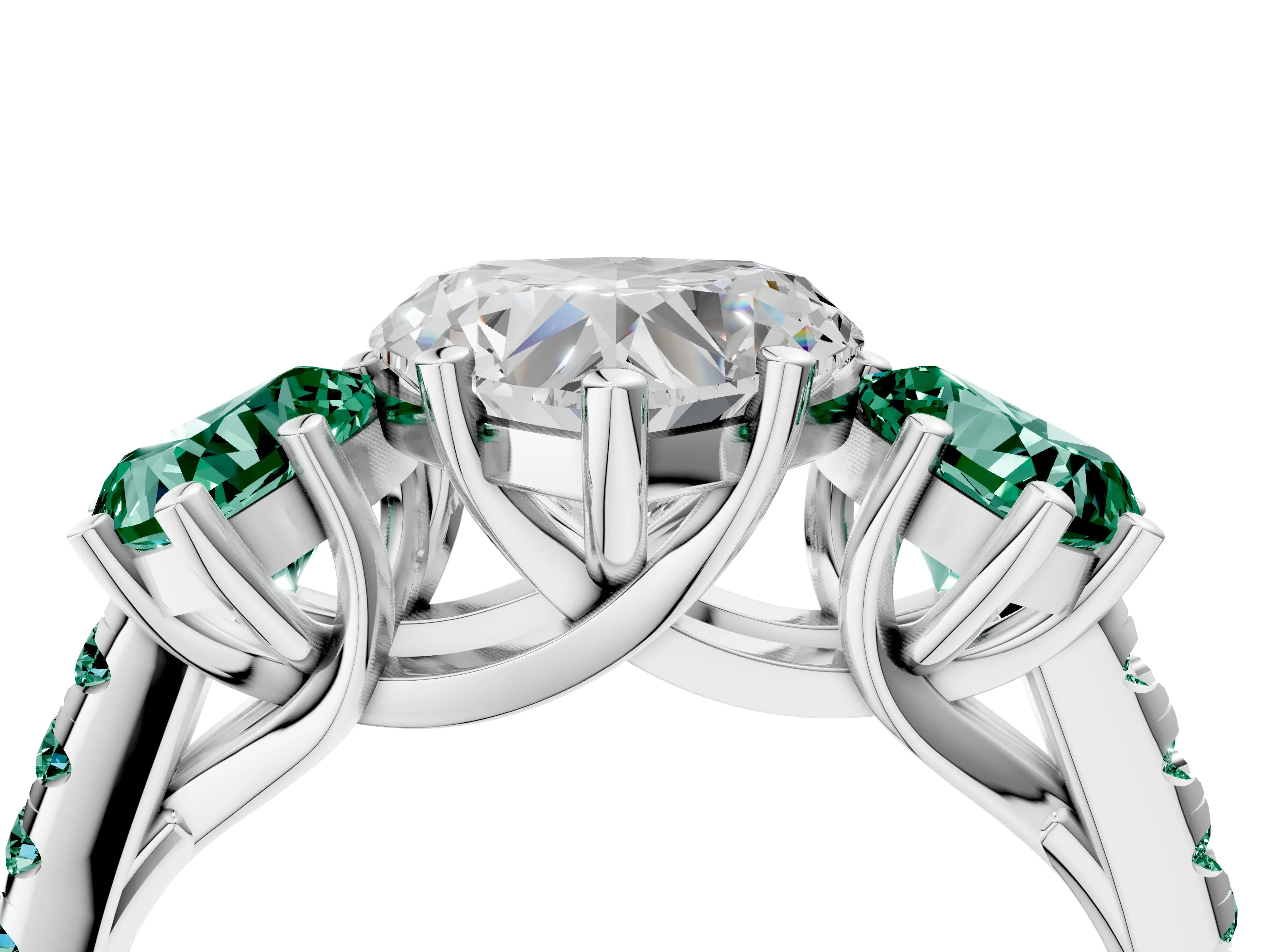 White gold Three-Stone Heart Cut Diamond Ring with Round with Green Sapphire side stone Pavé Band and Prong Setting_4