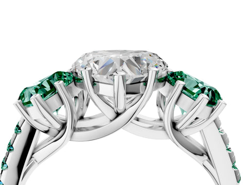 White gold Three-Stone Heart Cut Diamond Ring with Round with Green Sapphire side stone Pavé Band and Prong Setting_4