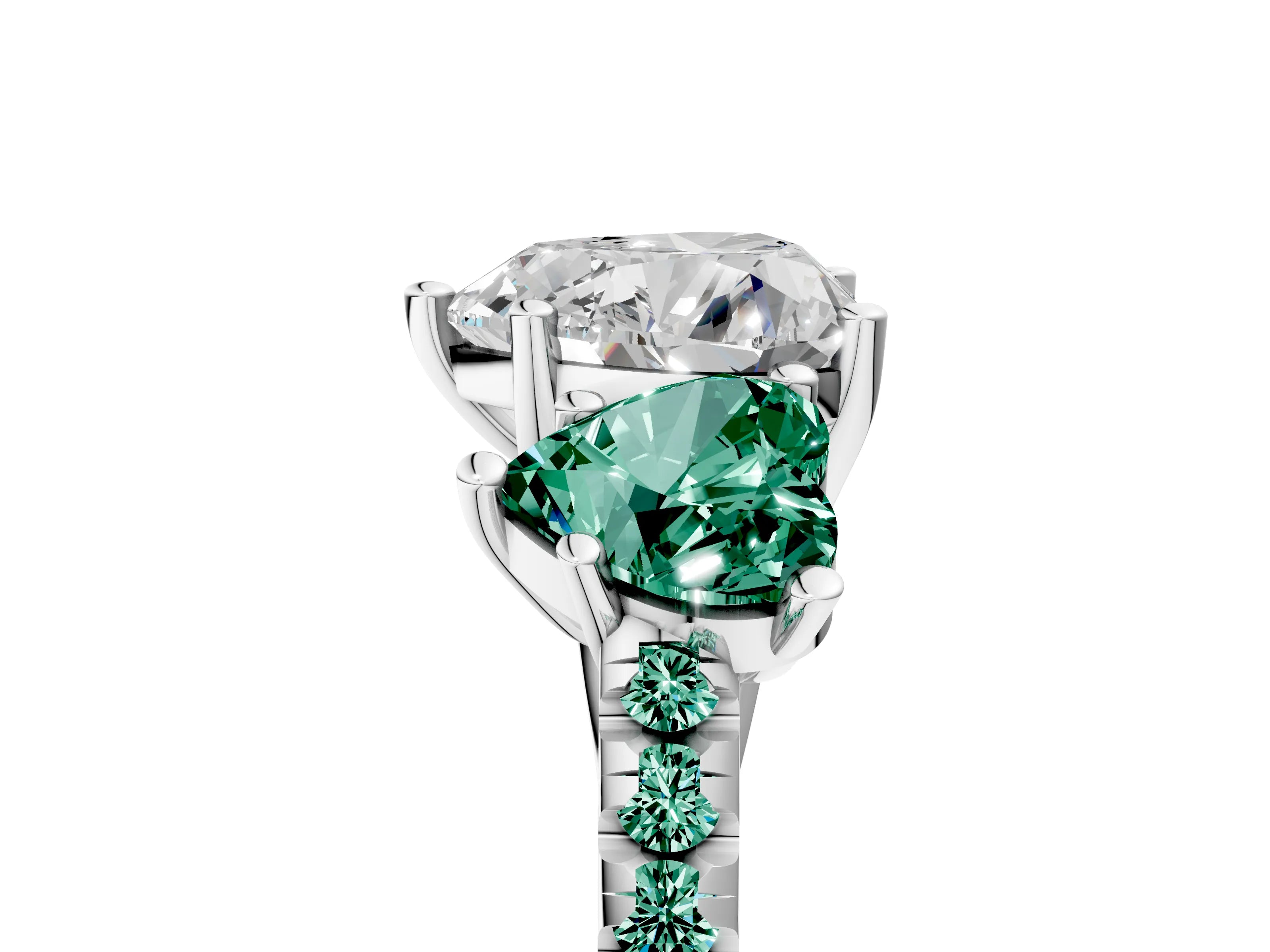 White gold Three-Stone Heart Cut Diamond Ring with Round with Green Sapphire side stone Pavé Band and Prong Setting_5