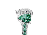 White gold Three-Stone Heart Cut Diamond Ring with Round with Green Sapphire side stone Pavé Band and Prong Setting_5