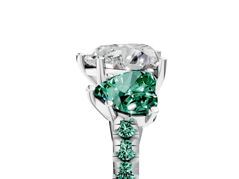 White gold Three-Stone Heart Cut Diamond Ring with Round with Green Sapphire side stone Pavé Band and Prong Setting_5
