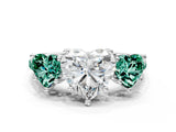 White gold Three-Stone Heart Cut Diamond Ring with Round with Green Sapphire side stone Pavé Band and Prong Setting