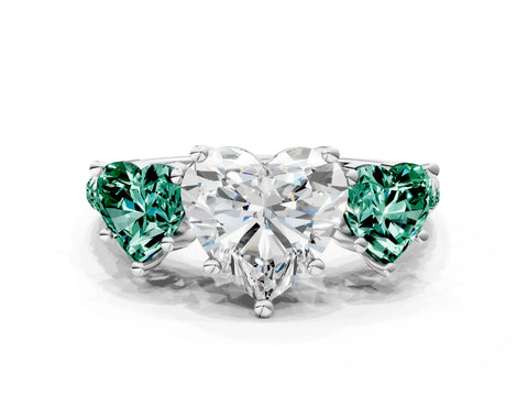 White gold Three-Stone Heart Cut Diamond Ring with Round with Green Sapphire side stone Pavé Band and Prong Setting
