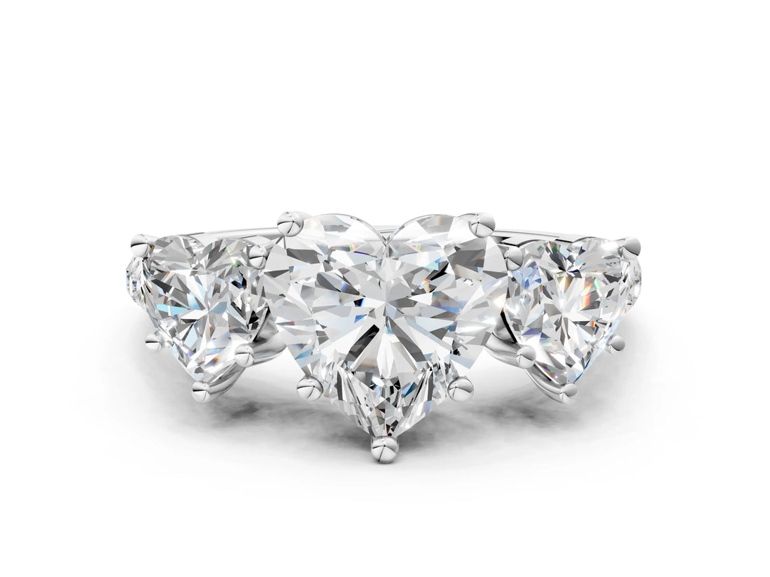 White gold Three-Stone Heart Cut Diamond Ring with Round with Moissanite side stone Pavé Band and Prong Setting