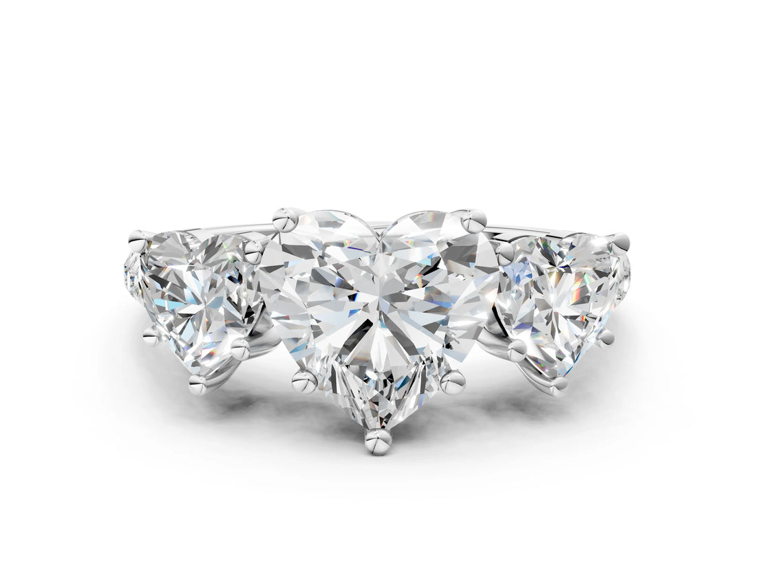 White gold Three-Stone Heart Cut Diamond Ring with Round with Moissanite side stone Pavé Band and Prong Setting_18