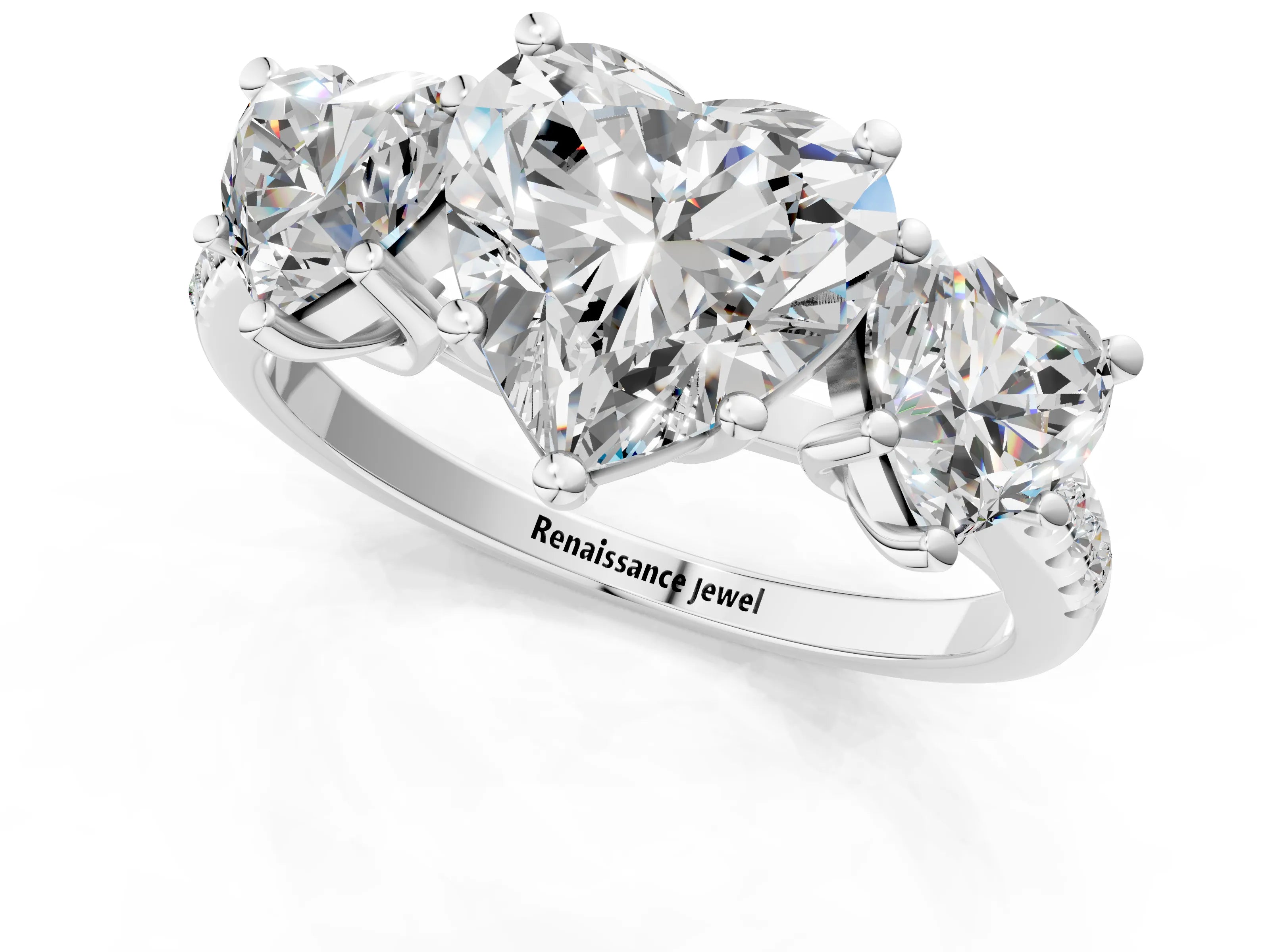 White gold Three-Stone Heart Cut Diamond Ring with Round with Moissanite side stone Pavé Band and Prong Setting_1