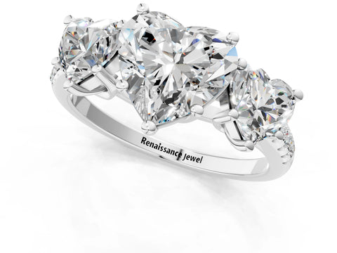 White gold Three-Stone Heart Cut Diamond Ring with Round with Moissanite side stone Pavé Band and Prong Setting_1