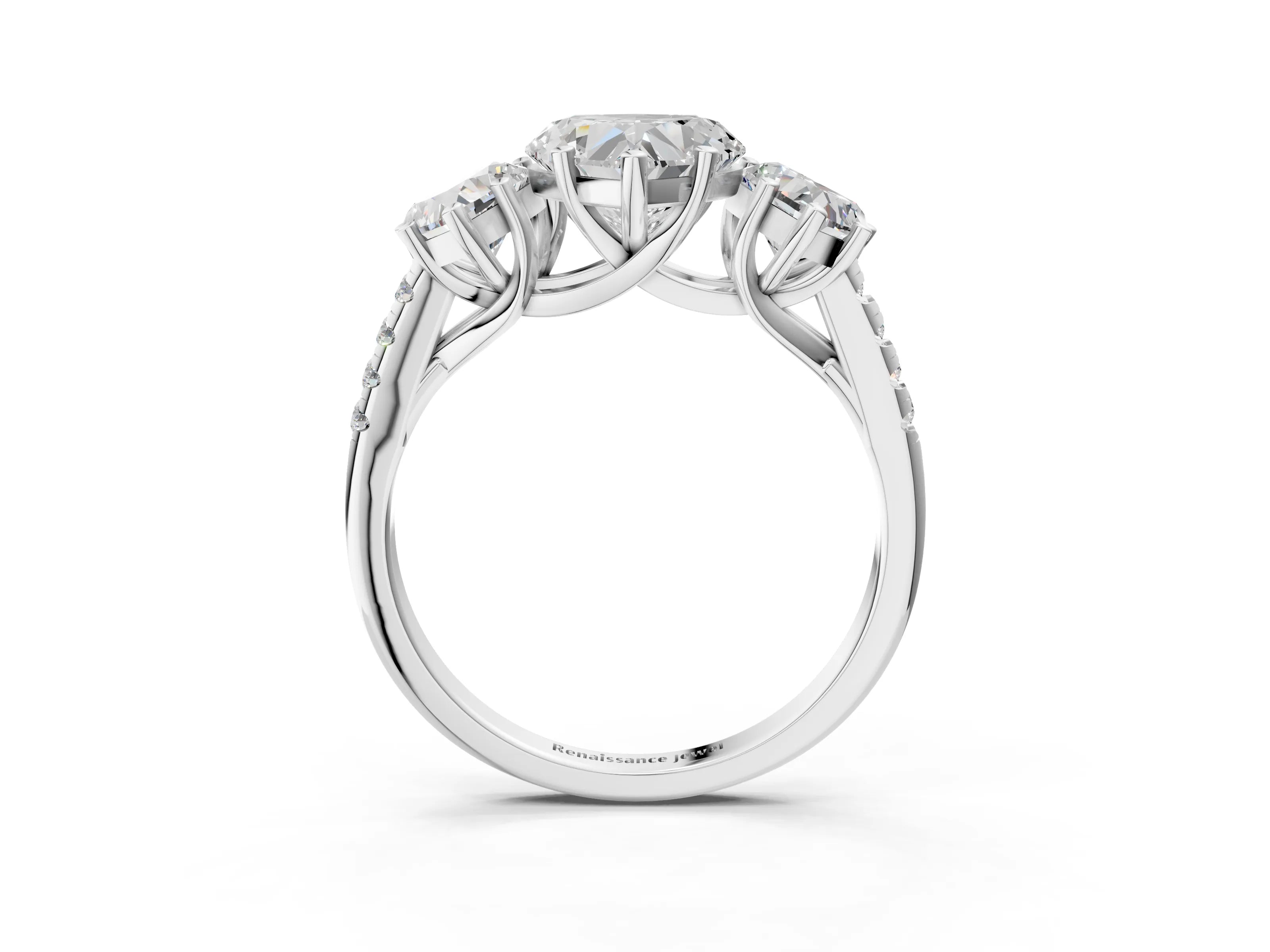 White gold Three-Stone Heart Cut Diamond Ring with Round with Moissanite side stone Pavé Band and Prong Setting_3