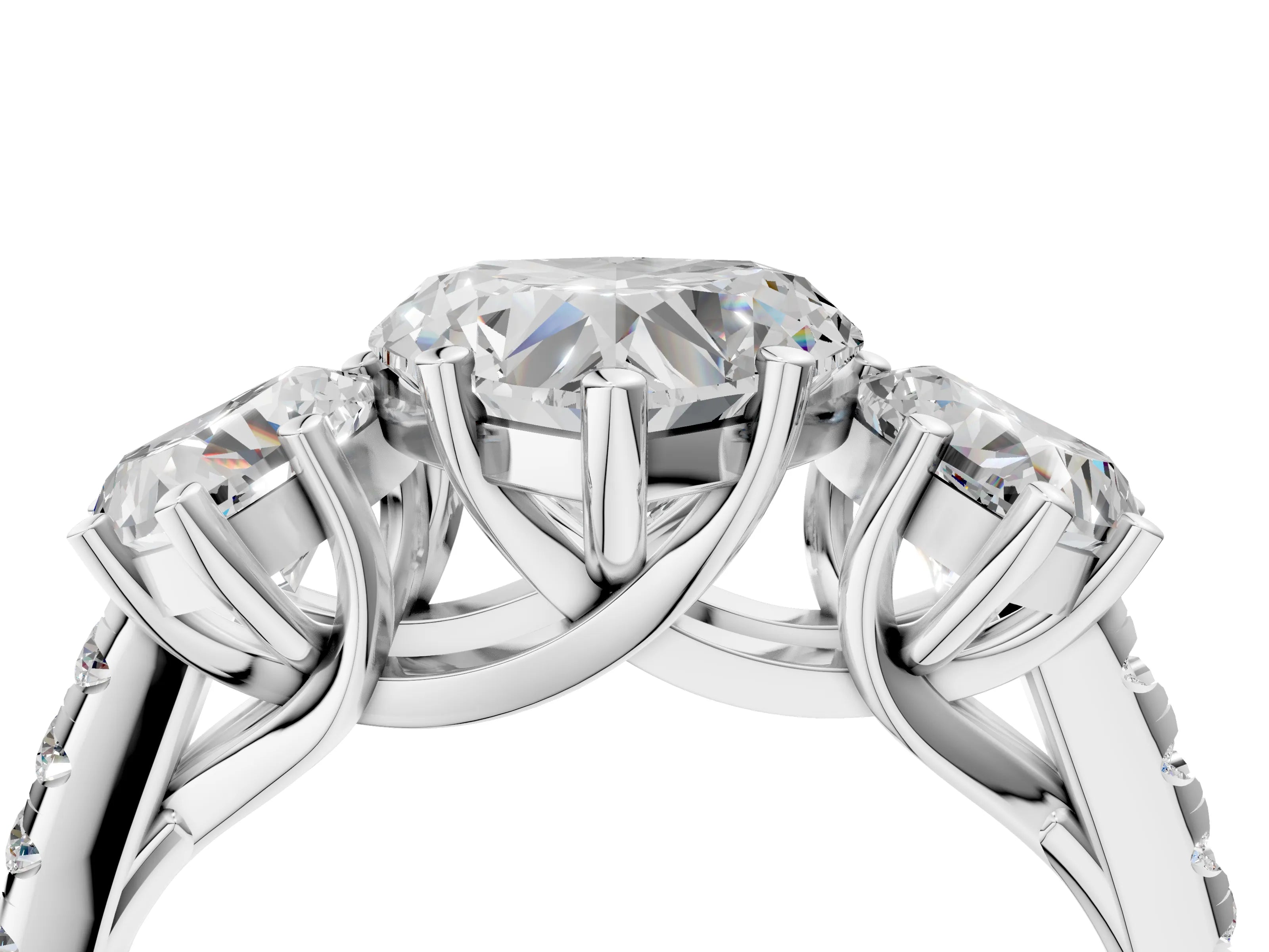 White gold Three-Stone Heart Cut Diamond Ring with Round with Moissanite side stone Pavé Band and Prong Setting_4