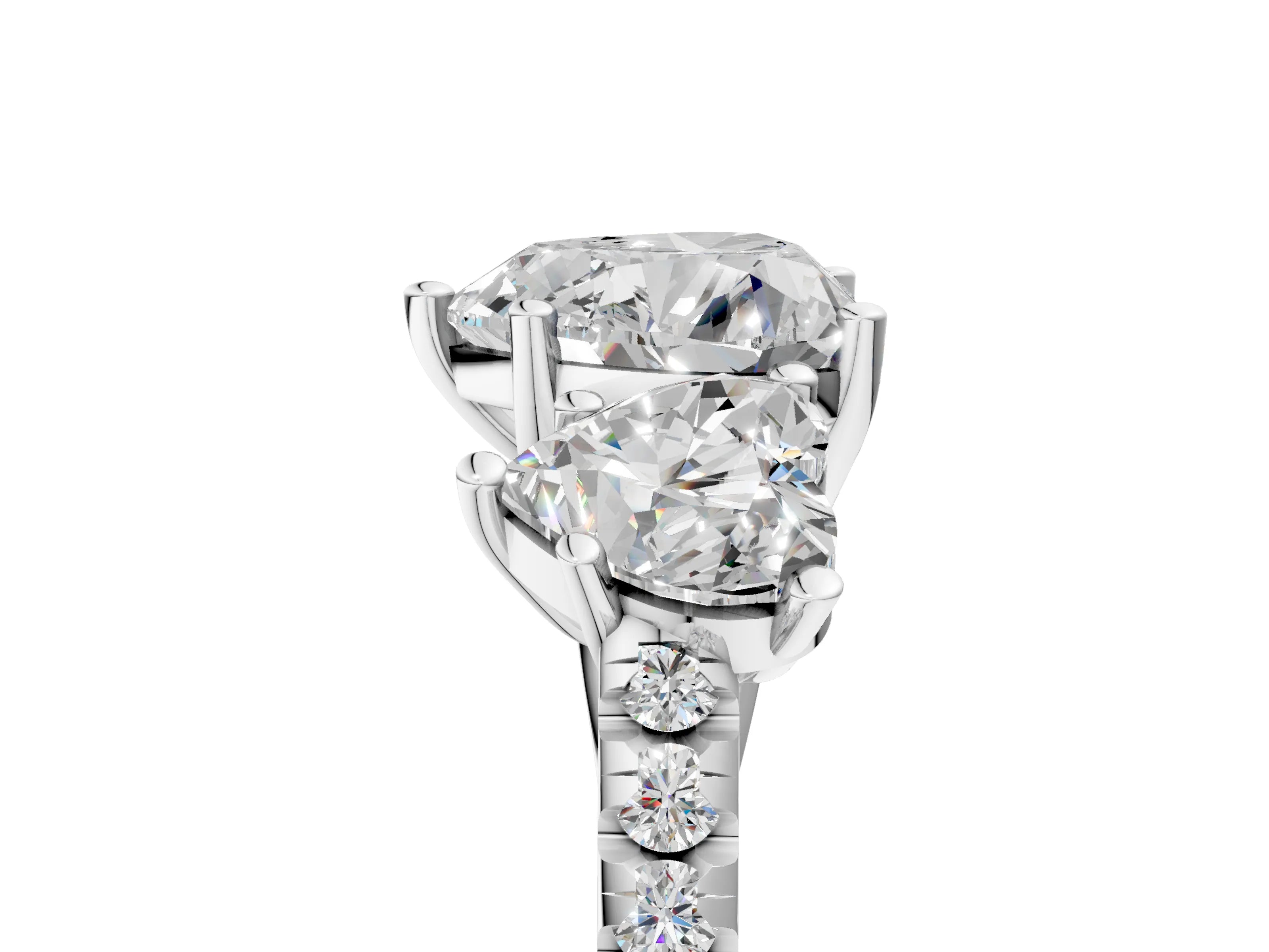 White gold Three-Stone Heart Cut Diamond Ring with Round with Moissanite side stone Pavé Band and Prong Setting_5