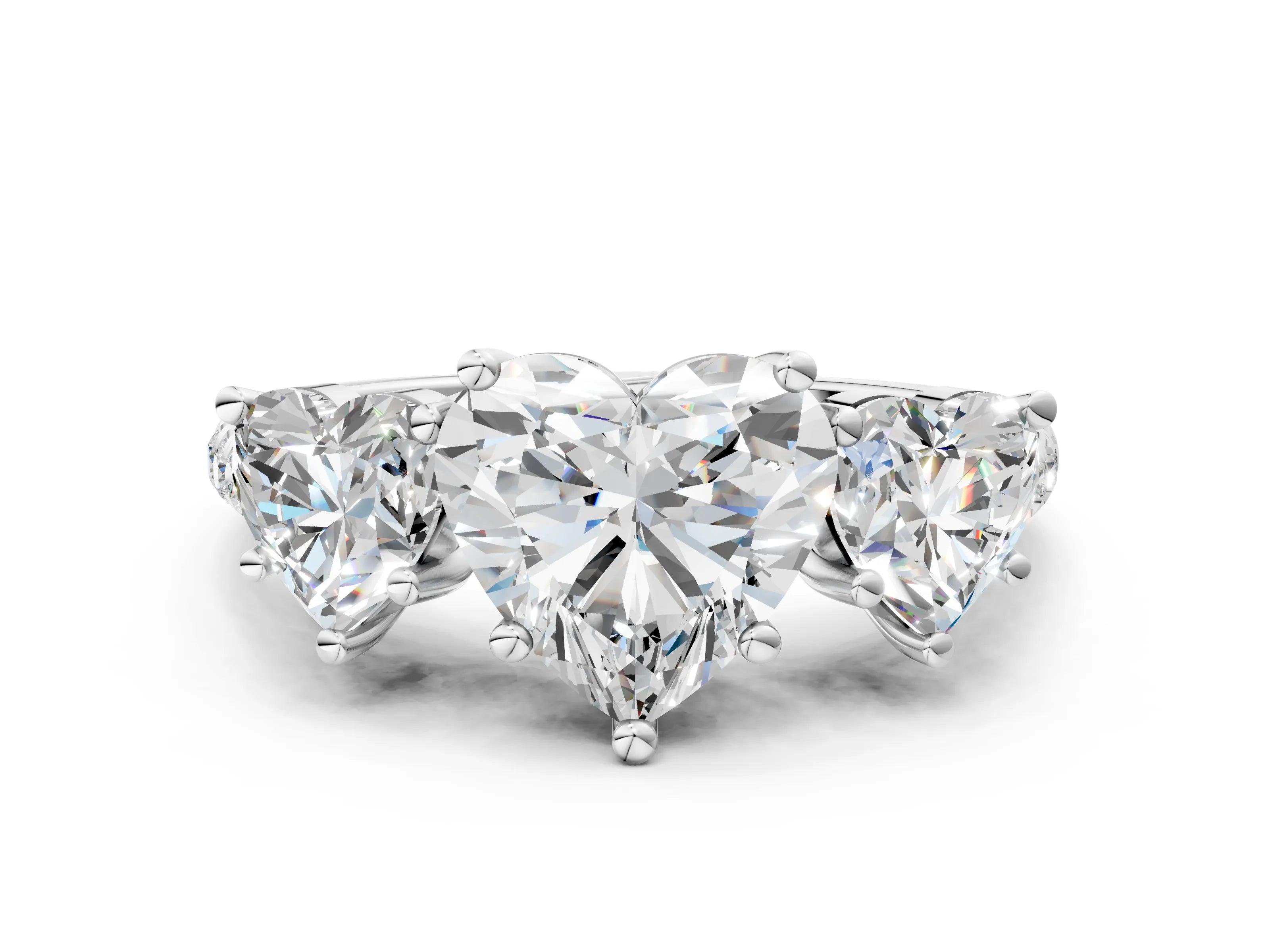 White gold Three-Stone Heart Cut Diamond Ring with Round with Moissanite side stone Pavé Band and Prong Setting