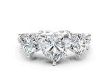 White gold Three-Stone Heart Cut Diamond Ring with Round with Moissanite side stone Pavé Band and Prong Setting