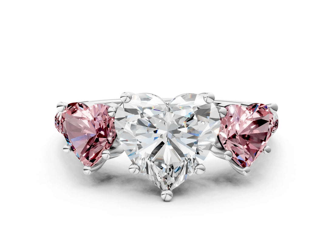 White gold Three-Stone Heart Cut Diamond Ring with Round with Morganite side stone Pavé Band and Prong Setting