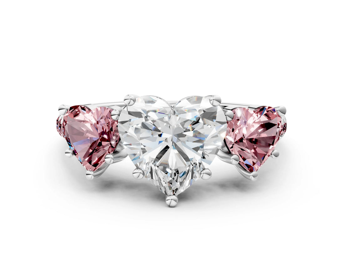 White gold Three-Stone Heart Cut Diamond Ring with Round with Morganite side stone Pavé Band and Prong Setting_12