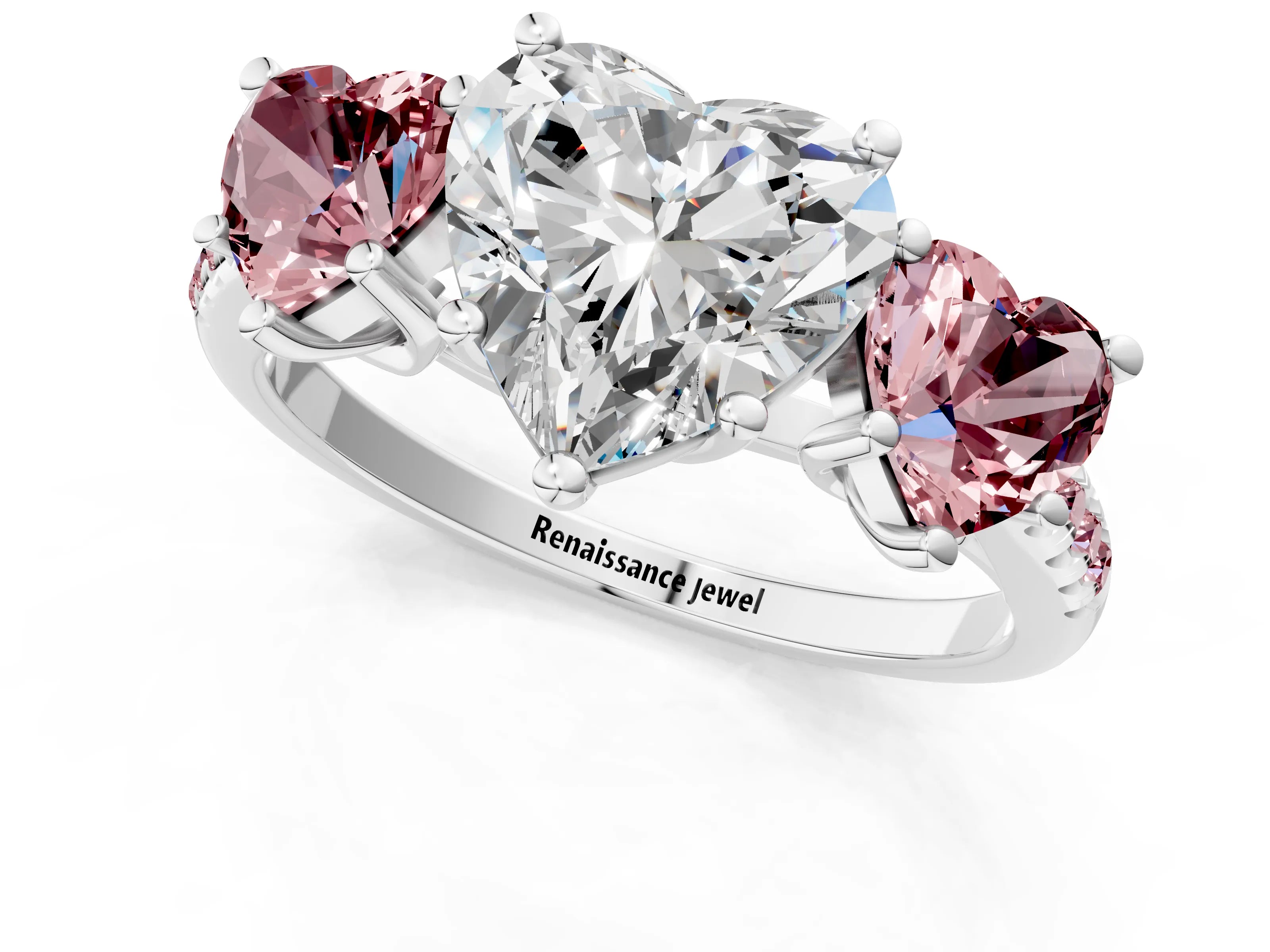 White gold Three-Stone Heart Cut Diamond Ring with Round with Morganite side stone Pavé Band and Prong Setting_1