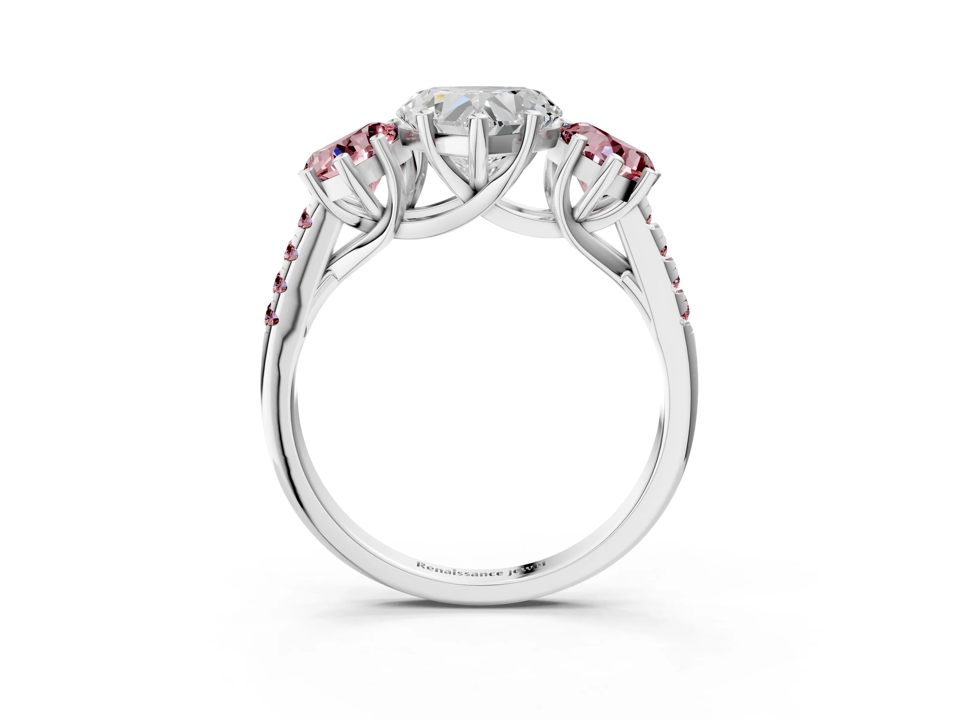 White gold Three-Stone Heart Cut Diamond Ring with Round with Morganite side stone Pavé Band and Prong Setting_3