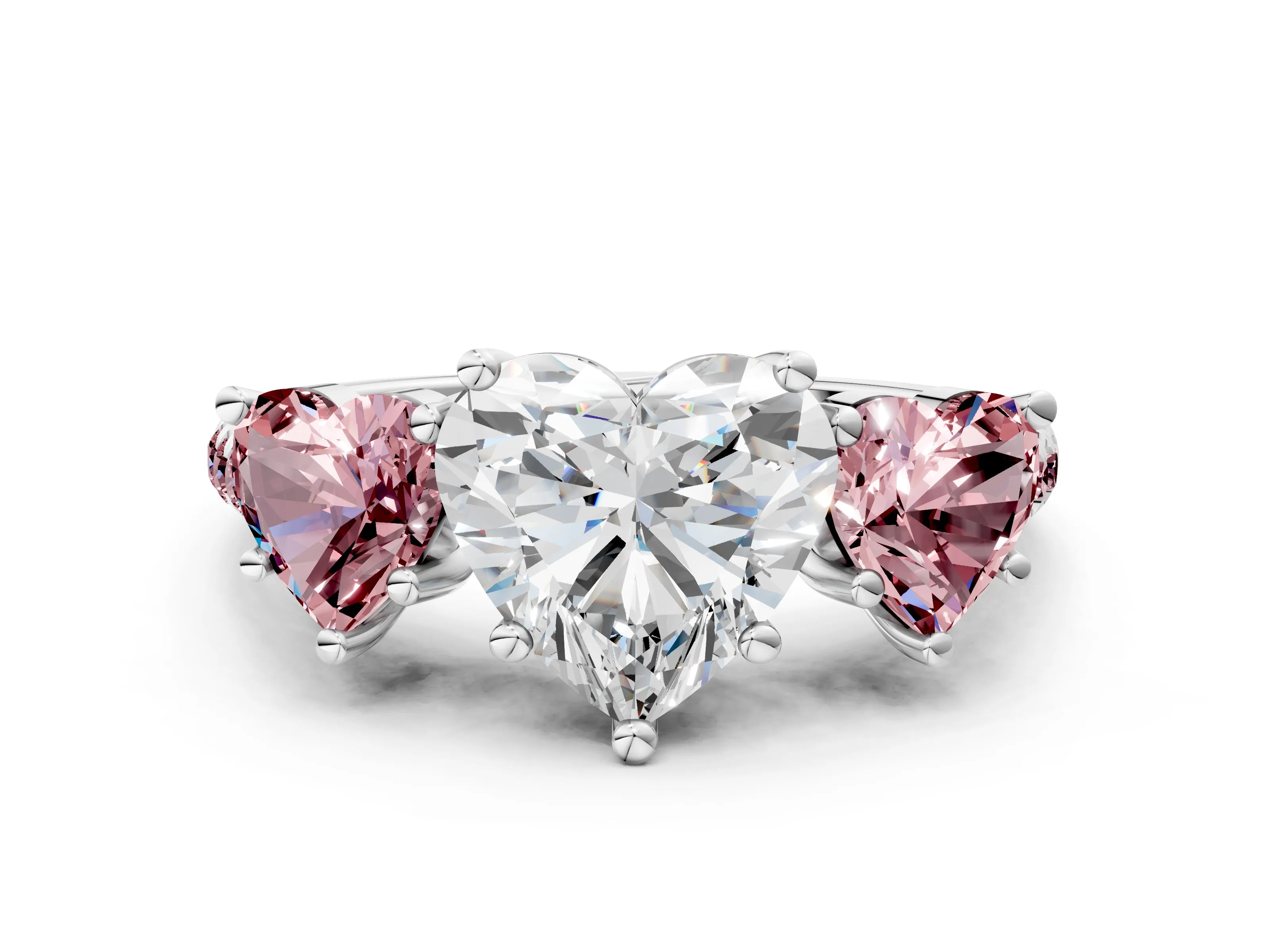White gold Three-Stone Heart Cut Diamond Ring with Round with Morganite side stone Pavé Band and Prong Setting