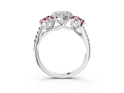White gold Three-Stone Heart Cut Diamond Ring with Round with Morganite side stone Pavé Band and Prong Setting_3