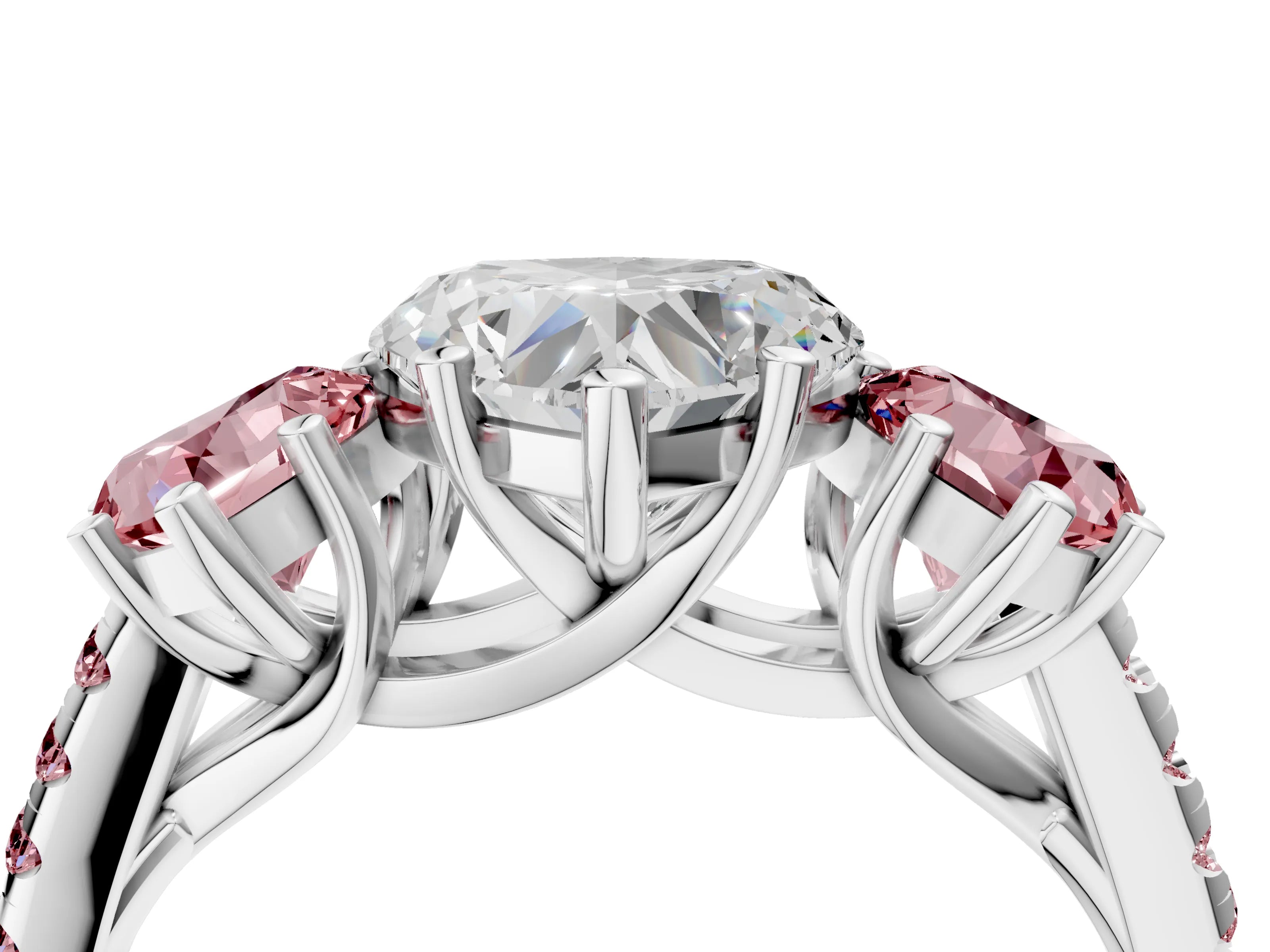 White gold Three-Stone Heart Cut Diamond Ring with Round with Morganite side stone Pavé Band and Prong Setting_4