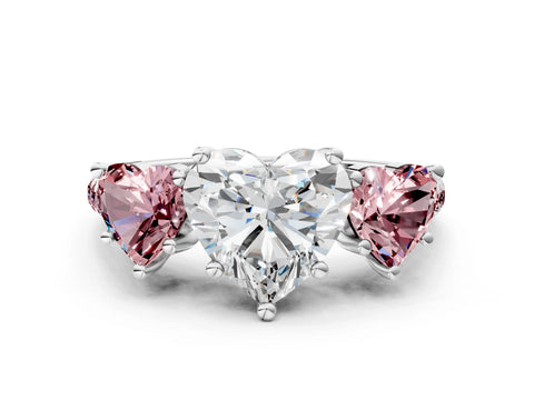 White gold Three-Stone Heart Cut Diamond Ring with Round with Morganite side stone Pavé Band and Prong Setting