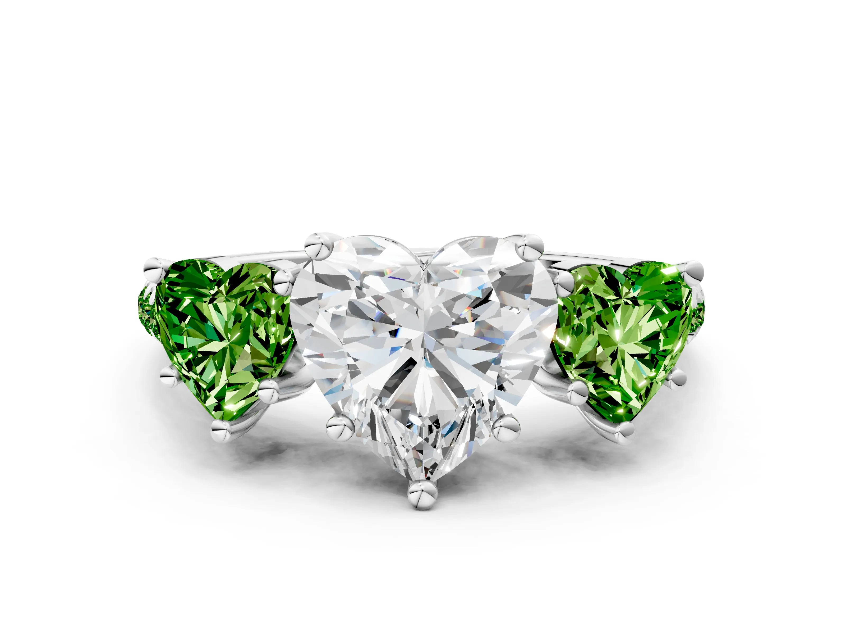 White gold Three-Stone Heart Cut Diamond Ring with Round with Peridot side stone Pavé Band and Prong Setting