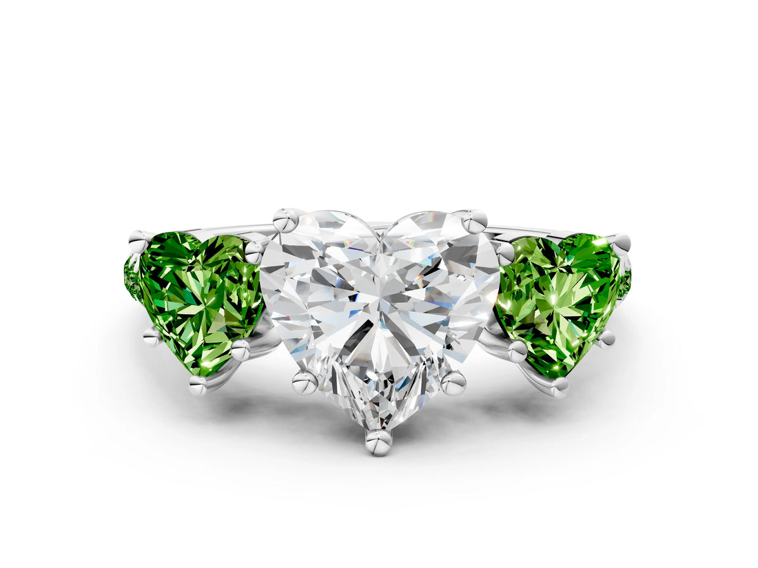 White gold Three-Stone Heart Cut Diamond Ring with Round with Peridot side stone Pavé Band and Prong Setting_12