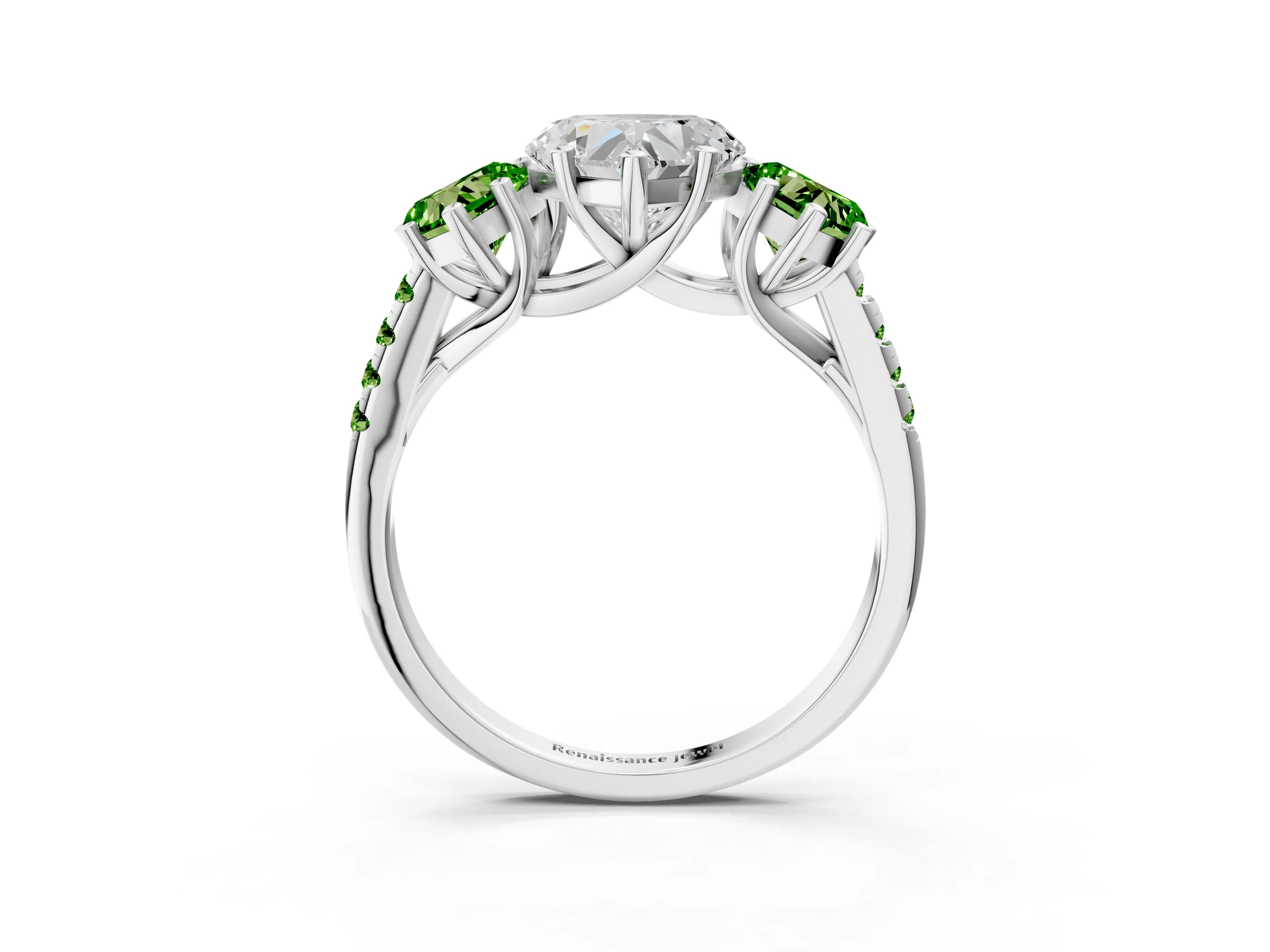 White gold Three-Stone Heart Cut Diamond Ring with Round with Peridot side stone Pavé Band and Prong Setting_3