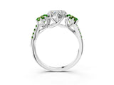 White gold Three-Stone Heart Cut Diamond Ring with Round with Peridot side stone Pavé Band and Prong Setting_3