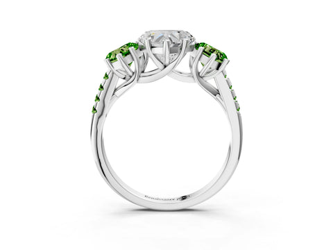 White gold Three-Stone Heart Cut Diamond Ring with Round with Peridot side stone Pavé Band and Prong Setting_3