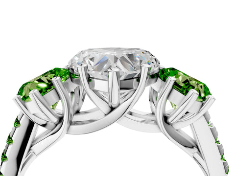 White gold Three-Stone Heart Cut Diamond Ring with Round with Peridot side stone Pavé Band and Prong Setting_4